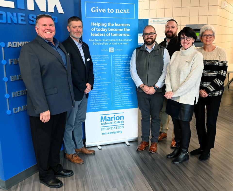 Mike Stuckey, director of the Marion Tech Foundation; Dr. Ryan McCall, Marion Tech president; Robb Koon and Tom White, donors; Dr. Amy Adams, executive vice president of planning and advancement for MTC; and Sue Jacob, Marion Tech Foundation board member, welcome the new Koons-White Scholarship fund for Marion Tech students.