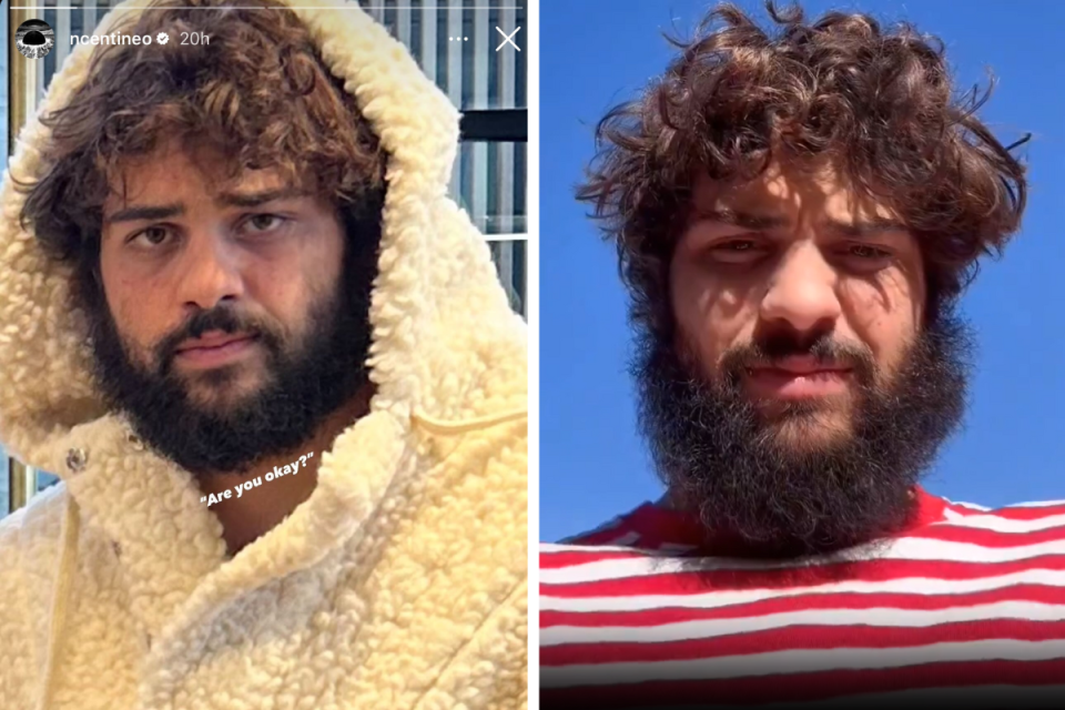 Two photos of Noah Centineo with long hair and a beard.