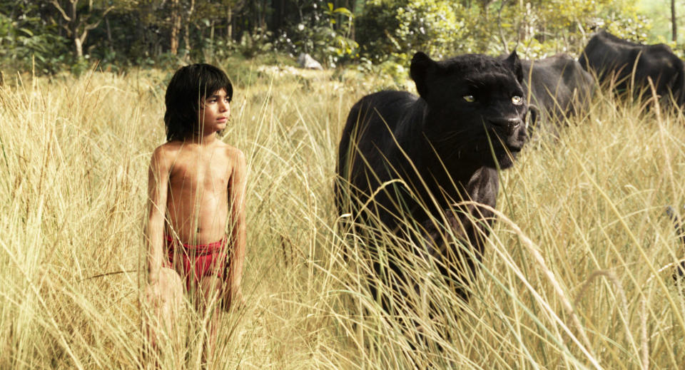 Neel Sethi looking at a panther.