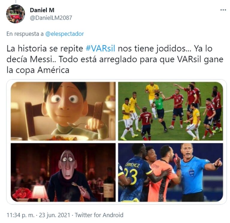 Muchos usuarios recordaron la polémica eliminación de Colombia contra Brasil en la Copa del Mundo 2014 y las palabras de Messi en la Copa América 2018. Fuente: Twitter.