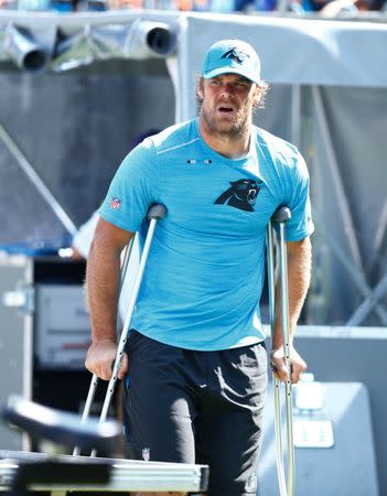 Sep 17, 2017; Charlotte, NC, USA; Carolina Panthers tight end Greg Olsen (88) walks on crutches after an injury in the game against the Buffalo Bills at Bank of America Stadium. Mandatory Credit: Jeremy Brevard-USA TODAY Sports
