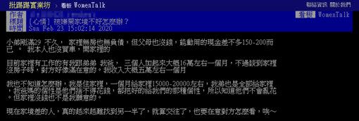 網友因家中沒錢被另一半嫌棄，在PTT上發文求助。（圖／翻攝自PTT WomenTalk）