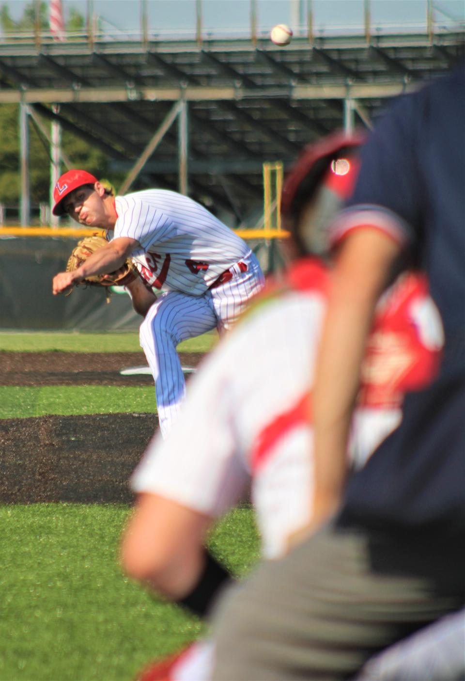 Lakewood's Tyler Bebout pitches against Badin during the Lancers' 9-2 loss in a Division II regional semifinal at Mason on Thursday, June 1, 2023.