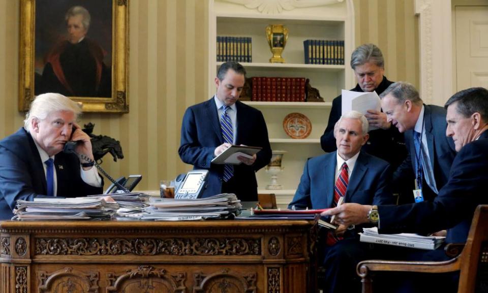 Trump on 28 January with Pence and four people he would go on to fire: Bannon, Flynn, Priebus and Spicer