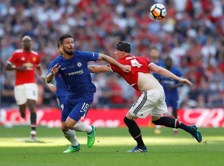 Soccer Football - FA Cup Final - Chelsea vs Manchester United - Wembley Stadium, London, Britain - May 19, 2018 Chelsea's Olivier Giroud in action with Manchester United's Phil Jones Action Images via Reuters/Andrew Couldridge