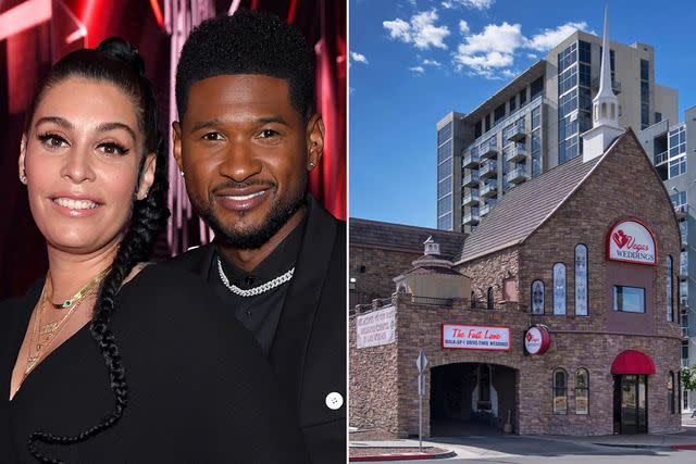 <p>Kevin Mazur/Getty; Alamy</p> Jenn Goicoechea and Usher, Vegas Weddings' Fast Lane