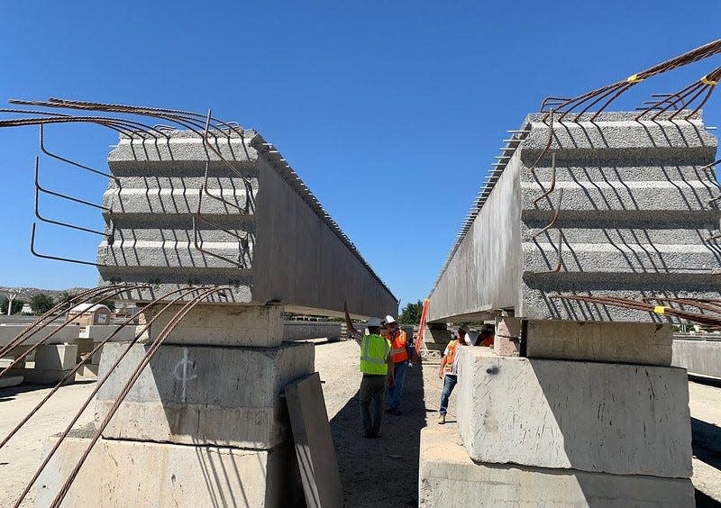 Construction continues on a wildlife crossing over the 101 freeway in Agoura Hills shown in this Jan. 31 photo.