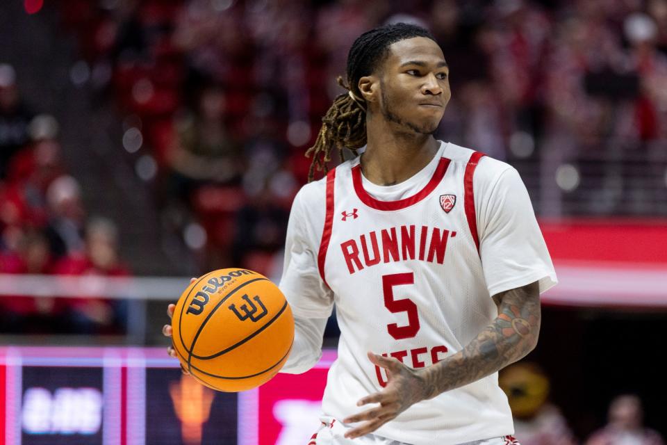 Utah Utes guard Deivon Smith (5) looks to pass the ball during a game against the Arizona Sun Devils at the Huntsman Center in Salt Lake City on Saturday, Feb. 10, 2023. | Marielle Scott, Deseret News