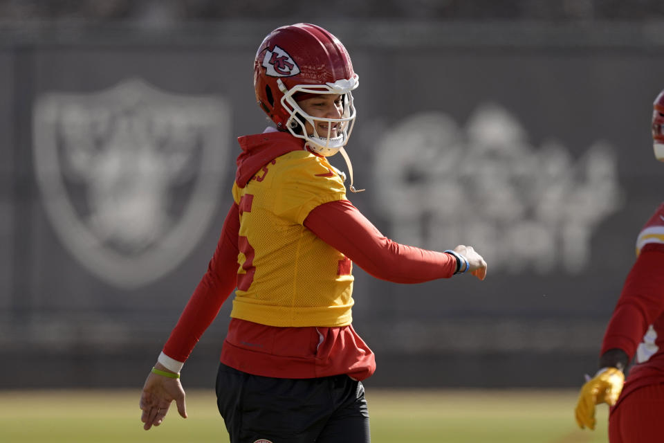 Kansas City Chiefs quarterback Patrick Mahomes (15) runs during practice for Super Bowl 58 Thursday, Feb. 8, 2024 in Henderson, Nev. The Chiefs will play the NFL football game against the San Francisco 49ers Sunday in Las Vegas. (AP Photo/Charlie Riedel)