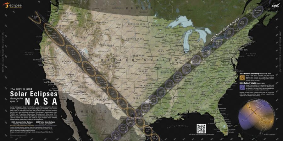 (Using observations from different NASA missions, this map shows where the Moon’s shadow will cross the U.S. during the 2023 annular solar eclipse and 2024 total solar eclipse. The map was developed by NASA's Scientific Visualization Studio (SVS) in collaboration with the NASA Heliophysics Activation Team (NASA HEAT), part of NASA’s Science Activation portfolio. Courtesy: Credits: NASA/Scientific Visualization Studio/Michala Garrison; eclipse calculations by Ernie Wright, NASA Goddard Space Flight Center)