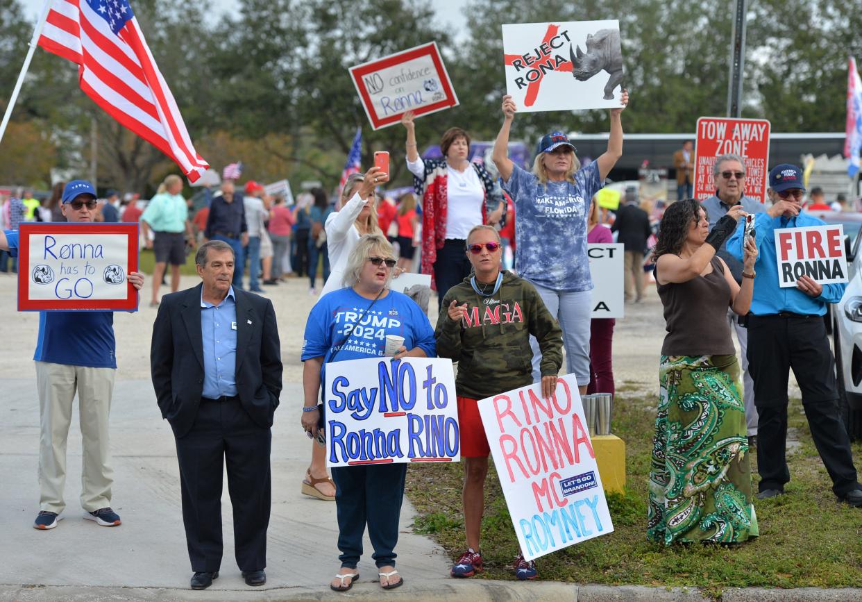 Republican activists gathered in Sarasota Friday to protest Republican National Committee Chair Ronna McDaniel and oppose her reelection. Members of the Republican Party of Florida's executive committee forced a meeting to consider a vote of no confidence on McDaniel's leadership, but they didn't have a quorum Friday and no vote was taken. About 150 people participated in the rally outside the meeting.