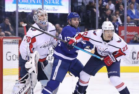 Jan 23, 2019; Toronto, Ontario, CAN; Toronto Maple Leafs center Nazem Kadri (43) battles for positioning in front of Washington Capitals goalie Braden Holtby (70) as defenseman Madison Bowey (22) defends in the second period at Scotiabank Arena. Mandatory Credit: Tom Szczerbowski-USA TODAY Sports