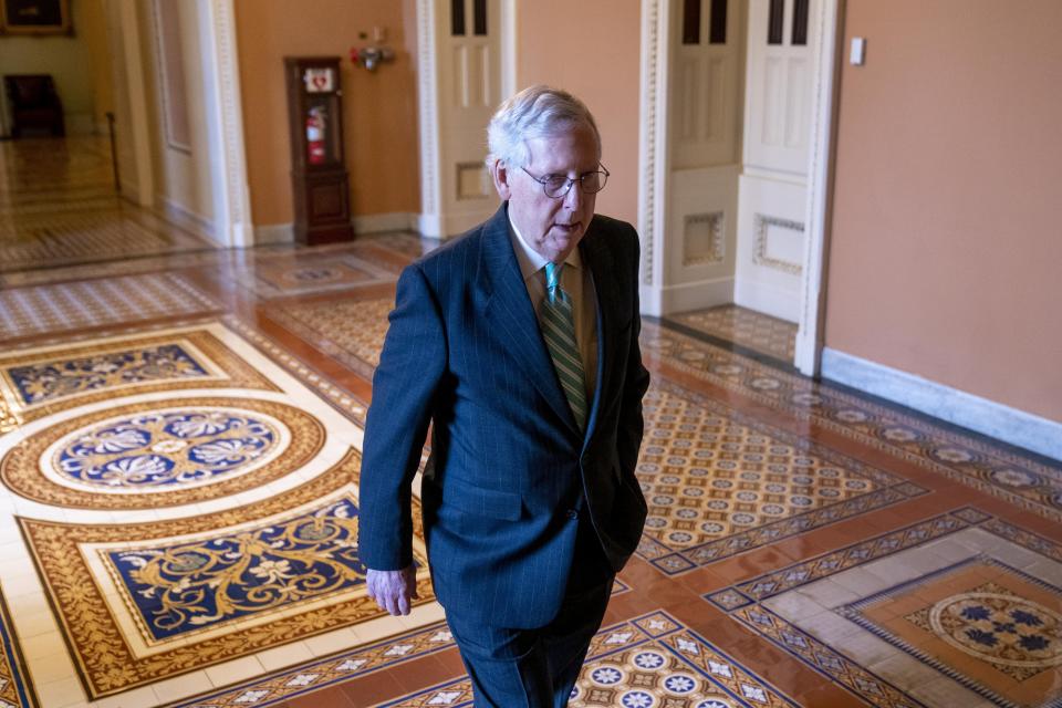 Senate Minority Leader Mitch McConnell of Ky. arrives on Capitol Hill in Washington, Wednesday, Sept. 29, 2021, as work continues behind the scenes on President Joe Biden's domestic agenda and a bill to fund the the government. (AP Photo/Andrew Harnik)
