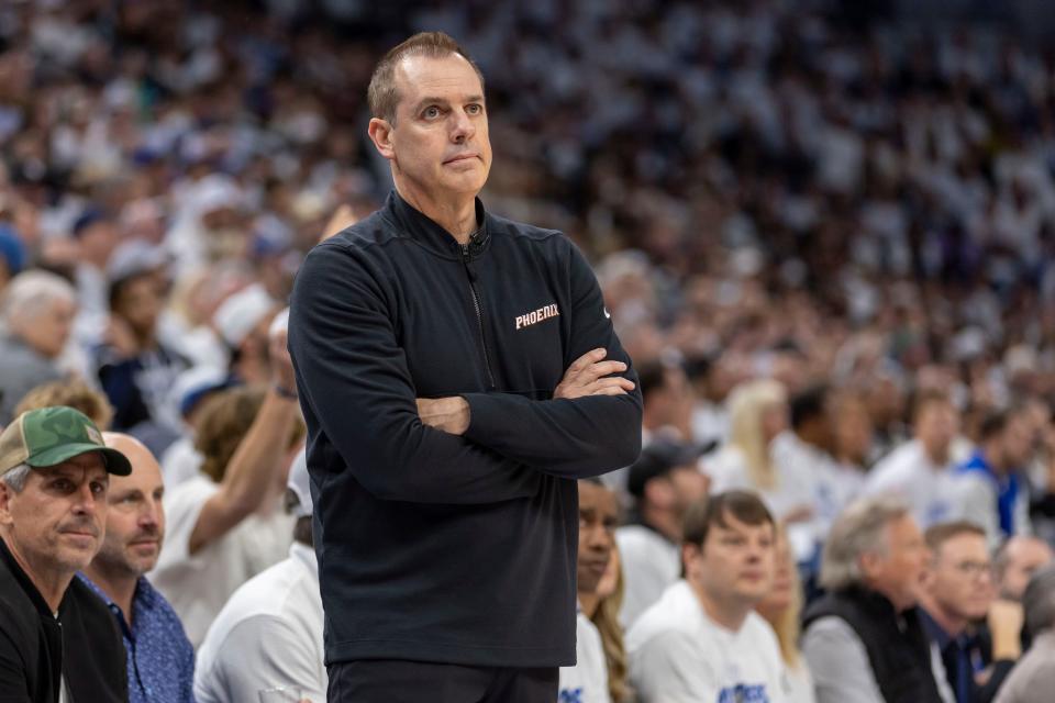 Phoenix Suns head coach Frank Vogel looks on against the Minnesota Timberwolves in the first half during game one of the first round for the 2024 NBA playoffs at Target Center.