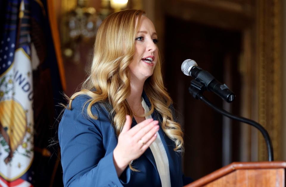 Rep. Candice Pierucci, R-Herriman, talks about national security during a press conference at the Capitol in Salt Lake City on Monday, Feb. 12, 2024. | Kristin Murphy, Deseret News