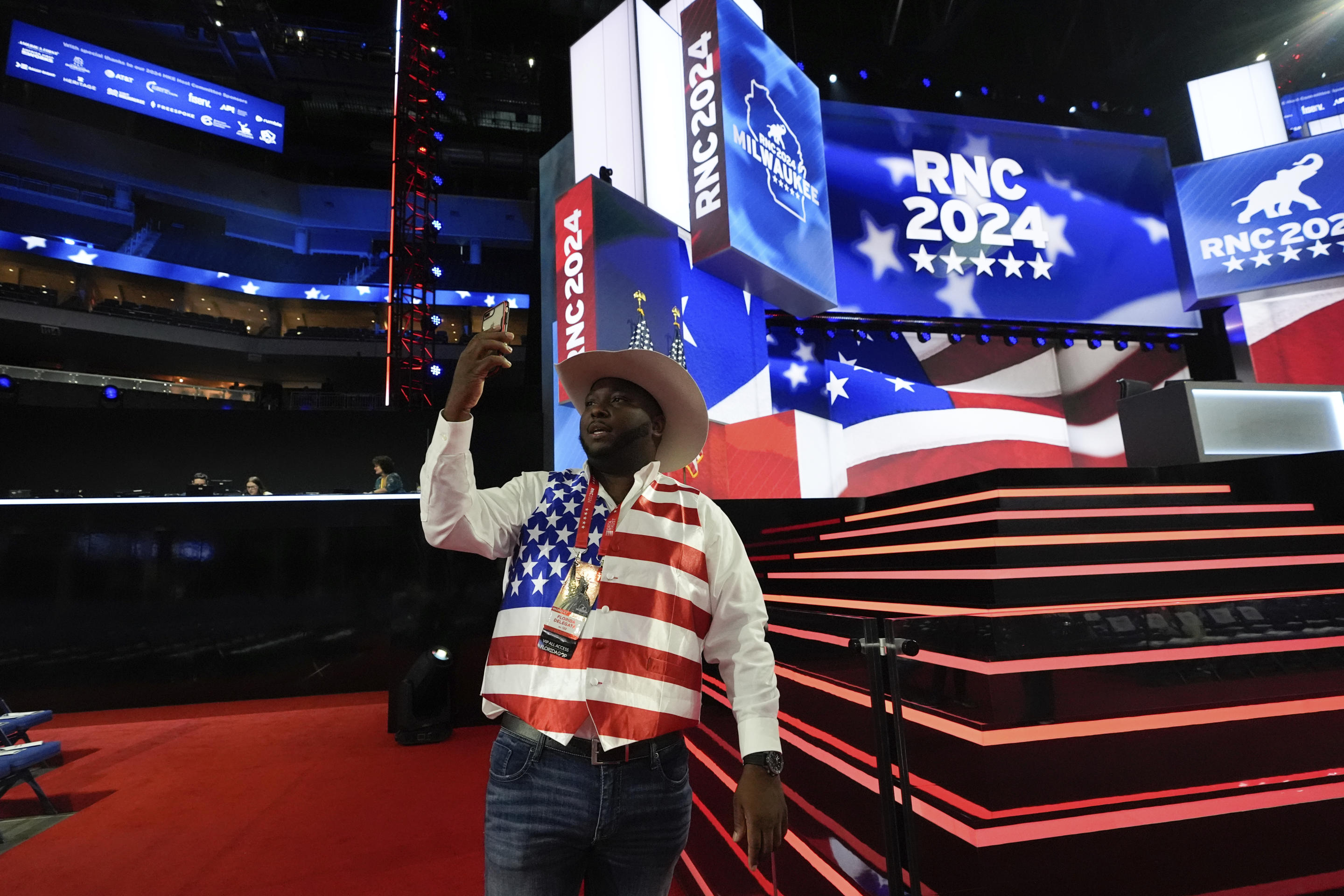 Florida delegate Jovante Teague takes a selfie as he arrives at the Republican National Convention in Milwaukee on Monday. (Nam Y. Huh/AP)