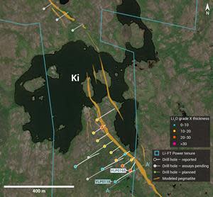 Plan view showing the surface expression of the Ki pegmatite with diamond drill holes reported in this press release.