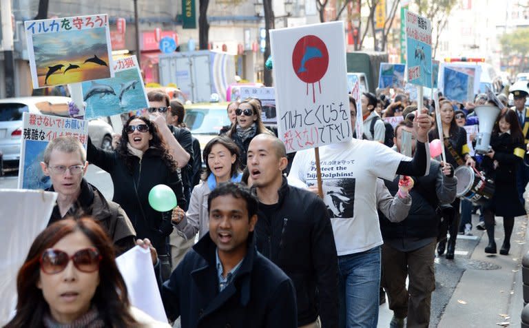 Anti-whaling and anti-dolphin-hunting demonstrators march in Tokyo, on November 24, 2012. Dozens of people marched through central Tokyo to protest dolphin and whale hunts, angering nationalists who blamed the move as discrimination against Japanese tradition