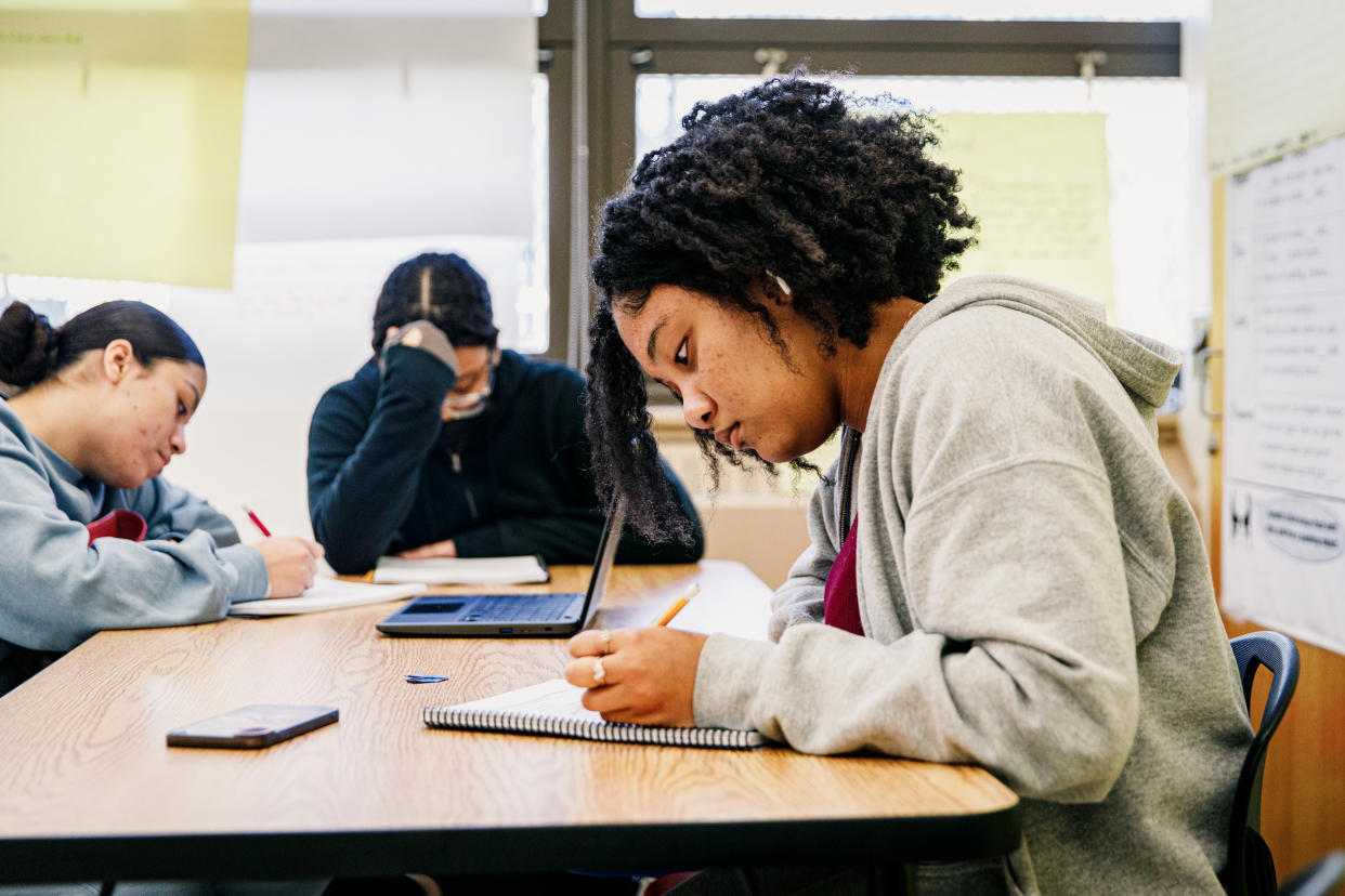 Amirah Riddick and other students in an Advanced Placement African American Studies class at Brooklyn Preparatory High School on Oct. 19, 2022, in Brooklyn, N.Y. (Marc J. Franklin / NBC News)