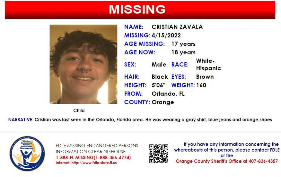 Cristian Zavala was last seen in Orlando on April 15, 2022.