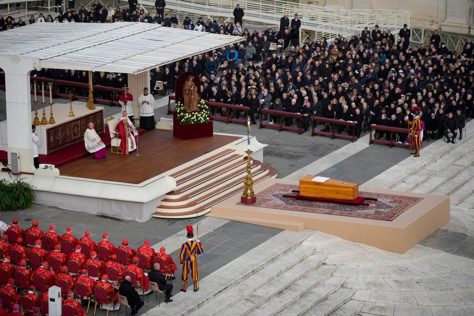 Pope Francis attends the funeral mass for Pope Emeritus Benedict XVI at St. Peter's square on January 5, 2023 in Vatican City, Vatican. Former Pope Benedict XVI, who served as head of the Catholic Church from 19 April 2005 until his resignation on 28 February 2013, died on 31 December 2022 aged 95 at the Mater Ecclesiae Monastery in Vatican City. Over 135,000 people paid their tributes on the first two days of the late pontiff's lying in state at St. Peter's Basilica.