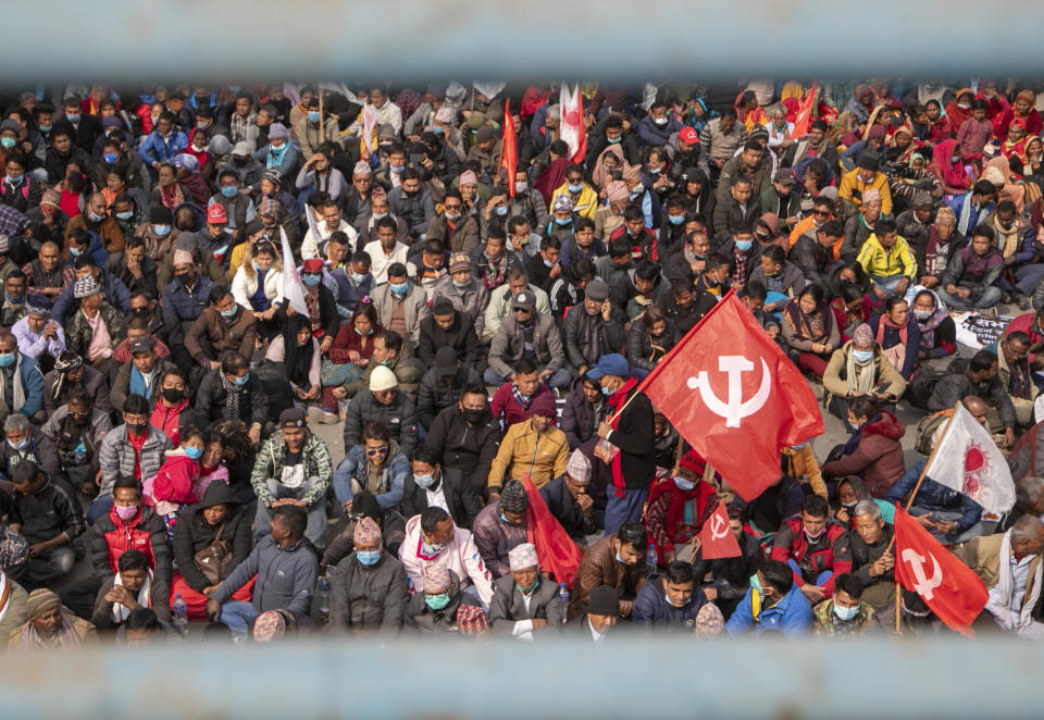 Supporters of a splinter group of Nepal's Communist Party rally in Kathmandu, Nepal, Wednesday, Feb.10, 2012. (AP Photo/Niranjan Shrestha)