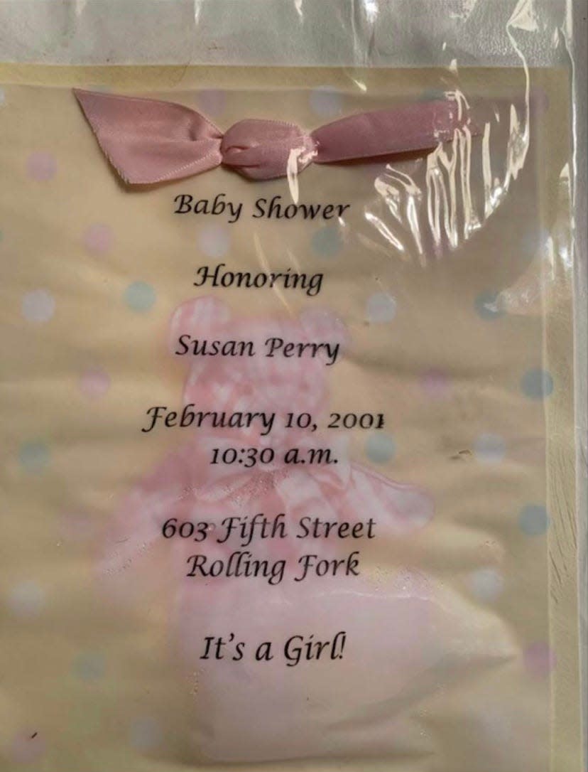 Susan Perry's Baby shower invitation found more than 100 miles away in Grenada, Mississippi after the tornado.