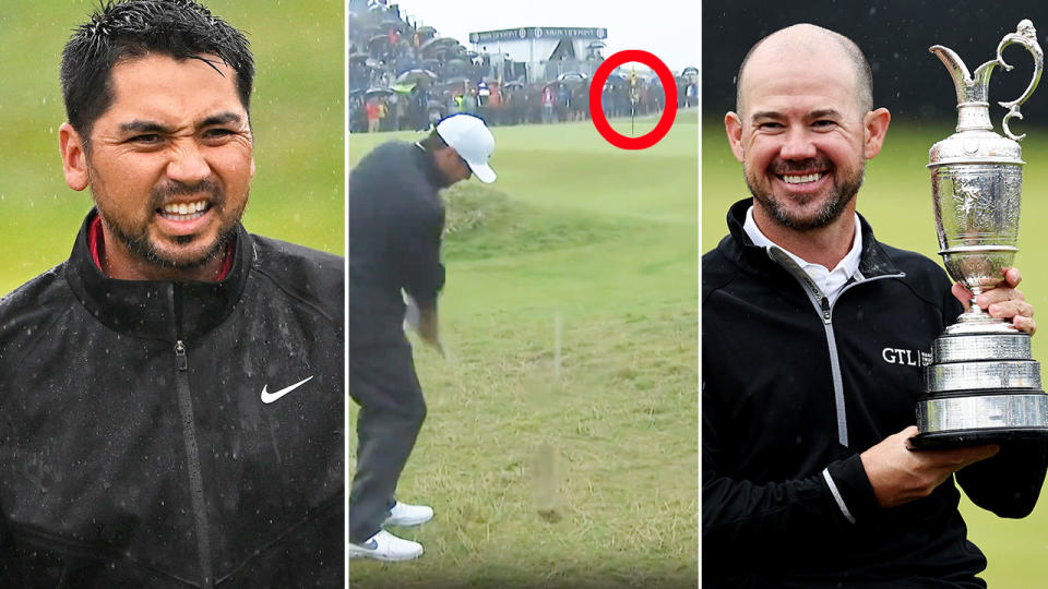 Pictured left to right, Jason Day, his chip in birdie and The Open winner Brian Harman.