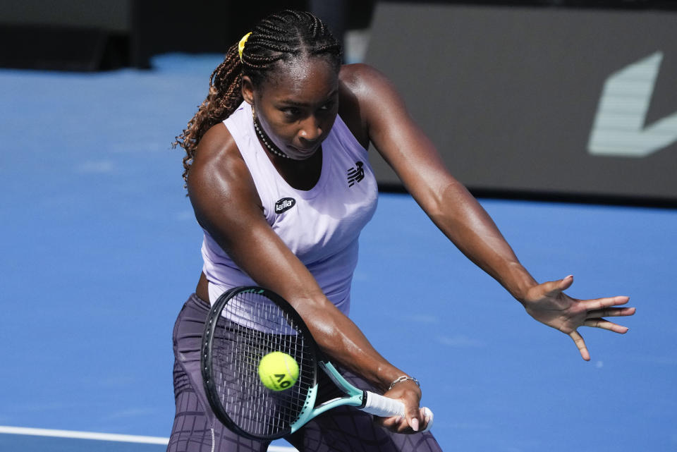 Coco Gauff of the United States practices on Rod Laver Arena ahead of the Australian Open tennis championships at Melbourne Park, Melbourne, Australia, Thursday, Jan. 11, 2024. (AP Photo/Mark Baker)