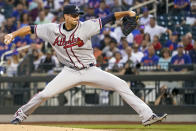 Atlanta Braves starting pitcher Charlie Morton throws during the first inning of a baseball game against the New York Mets, Tuesday, July 27, 2021, in New York. (AP Photo/Mary Altaffer)