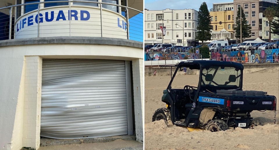 Left image shows the damaged roller door that was broken in to. Right image shows one of the sand buggies 'bogged' in the sand.