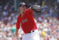 Jul 16, 2017; Boston, MA, USA; Boston Red Sox starting pitcher Rick Porcello (22) throws the ball against the New York Yankees in the first inning at Fenway Park. Mandatory Credit: David Butler II-USA TODAY Sports