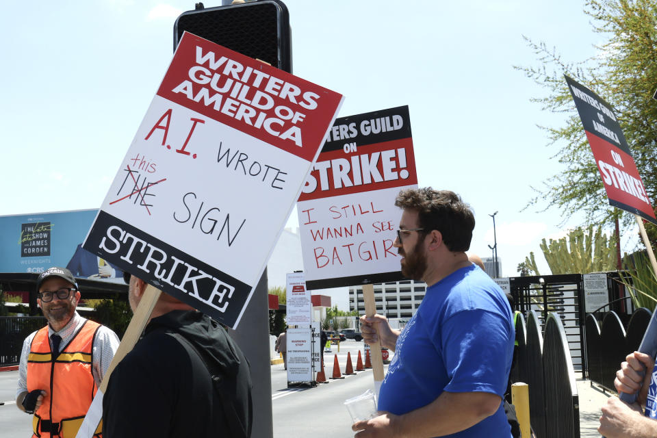 Members of the Writers Guild of America (WGA) and its supporters picket outside CBS Television City on May 2, 2023, in Los Angeles, California.