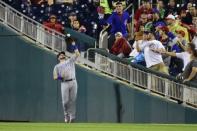 Sep 8, 2018; Washington, DC, USA; Chicago Cubs center fielder Ian Happ (8) catches Washington Nationals center fielder Victor Robles (not pictured) fly ball during the third inning at Nationals Park. Mandatory Credit: Tommy Gilligan-USA TODAY Sports