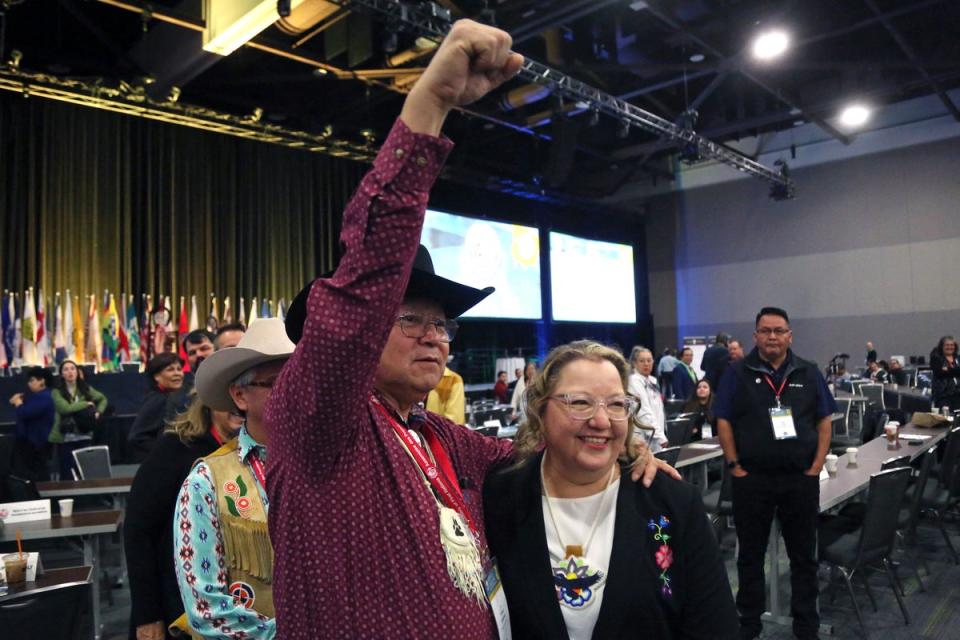 Cindy Woodhouse Nepinak greets supporters during the election of the First Nation National Chief, at the Assembly of First Nations General Assembly in 2023. (AFP via Getty)
