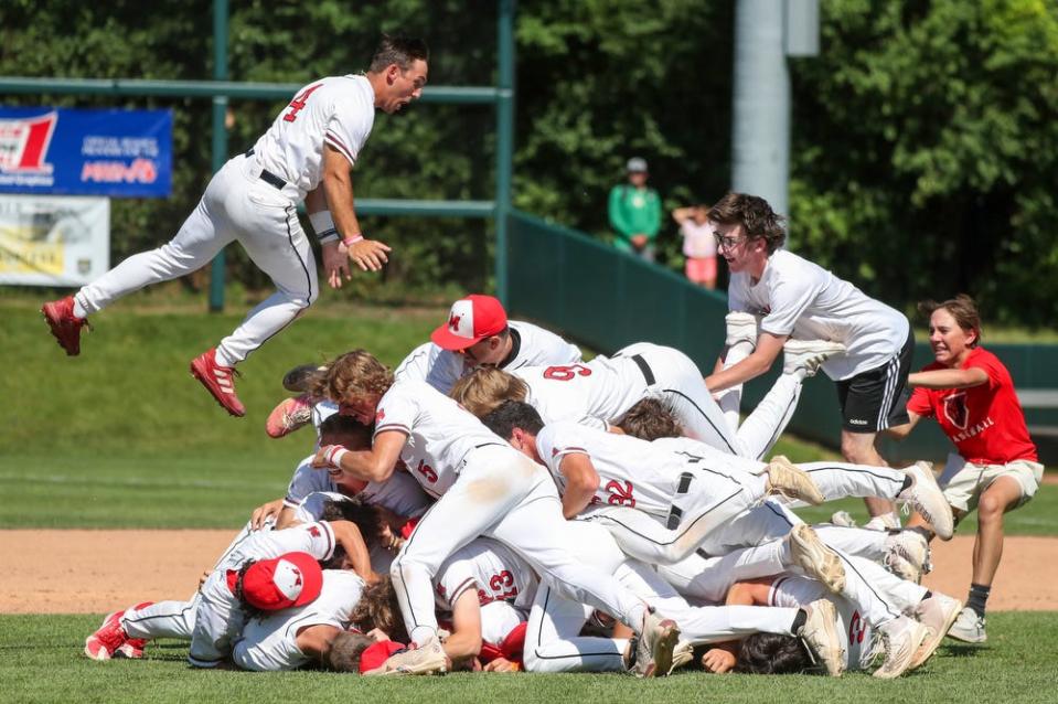  Orchard Lake St. Marys celebrates their 1-0 win against Grosse Pointe North in Division 1 final at McLane Stadium on the Michigan State University campus Saturday, June 18, 2022.
