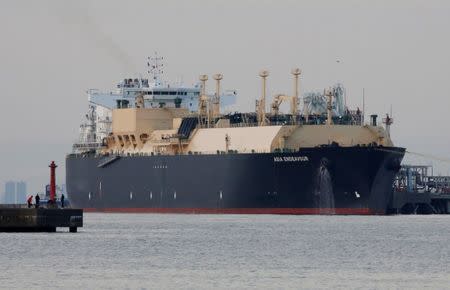 FILE PHOTO: A membrane-type liquefied natural gas (LNG) tanker is moored at a thermal power station in Futtsu, east of Tokyo, Japan February 8, 2017. REUTERS/Issei Kato/File Photo