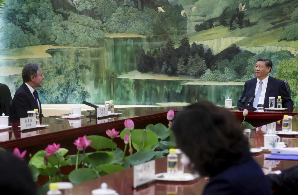 FILE - U.S. Secretary of State Antony Blinken, left, meets with Chinese President Xi Jinping in the Great Hall of the People in Beijing, China, June 19, 2023. Blinken is starting three days of talks with senior Chinese officials in Shanghai and Beijing this week. It comes as U.S.-China ties are at a critical point over numerous global disputes. (Leah Millis/Pool Photo via AP, File)