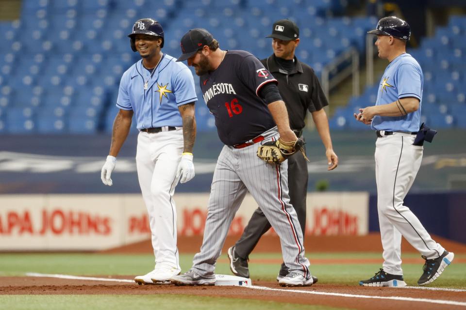 Tampa Bay Rays' Wander Franco (5) reacts after drawing a walk in the first inning of a spring training baseball game against Minnesota Twins at Tropicana Field in St. Petersburg, Fla., Thursday, March 2, 2023. (Ivy Ceballo/Tampa Bay Times via AP)