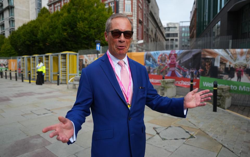 Nigel Farage, the former leader of the Brexit Party, is pictured at Tory conference in Manchester today