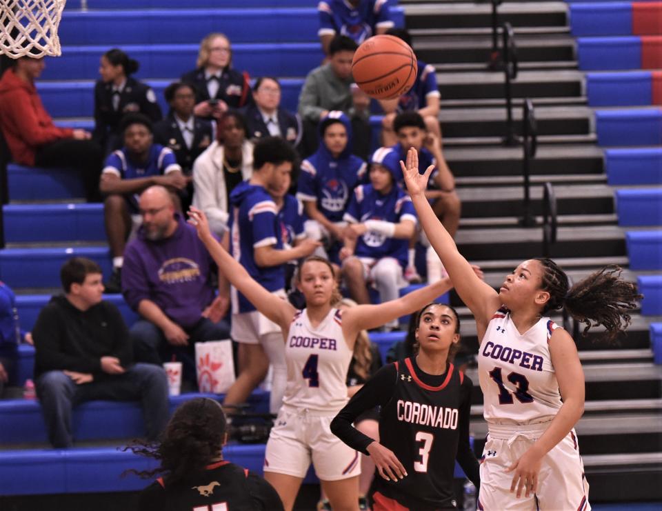 Cooper's Kyla Speights, right, drives to the basket as Lubbock Coronado's Jannae-Leigh Cooper (3) looks on in the first half.