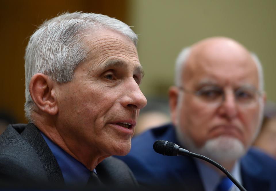 Dr. Anthony Fauci, director of the National Institute of Allergy and Infectious Diseases at the National Institutes of Health, and Dr. Robert Redfield, director of the Centers for Disease Control and Prevention, testify during a Wednesday hearing concerning the government's response to the coronavirus. (Photo: ANDREW CABALLERO-REYNOLDS via Getty Images)