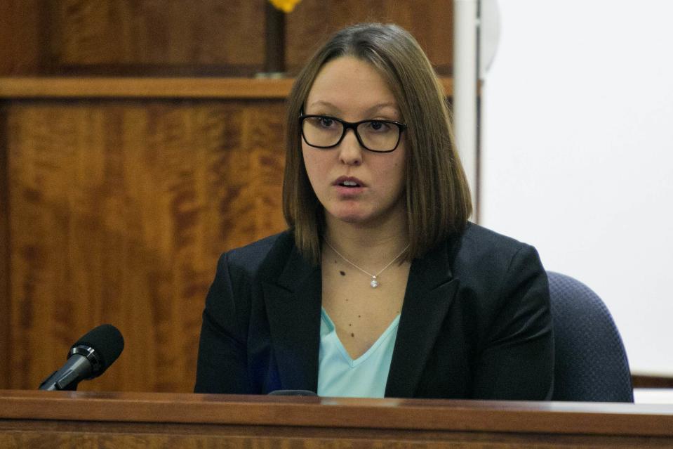 State Police forensic chemist Alanna Frederick testifies during the murder trial of former New England Patriots player Aaron Hernandez at the Bristol County Superior Court in Fall River, Massachusetts, February 18, 2015. REUTERS/Dominick Reuter/Pool (UNITED STATES - Tags: CRIME LAW SPORT FOOTBALL)