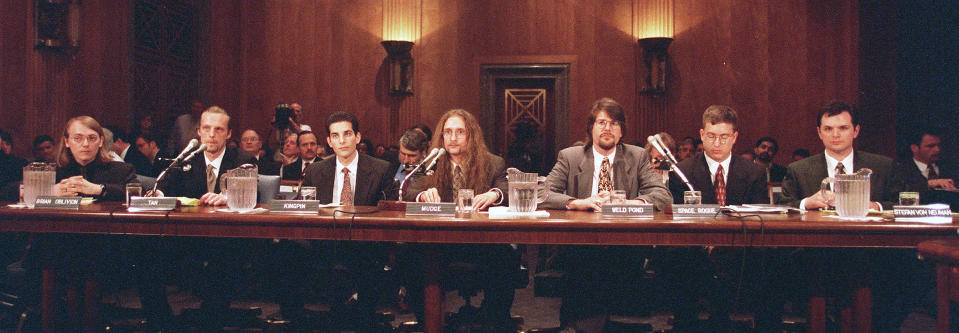 Computer hackers from the L0pht testify before a Senate Governmental Affairs hearing on government computer security on May 19, 1998<span class="copyright">Douglas Graham—Congressional Quarterly/Getty Images</span>
