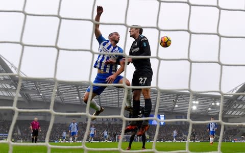 Andreas Christensen of Chelsea wins a header over Tomer Hemed of Brighton and Hove Albion during the Premier League match between Brighton and Hove Albion and Chelsea at Amex Stadium on January 20, 2018 in Brighton, England - Credit:  Getty Images 