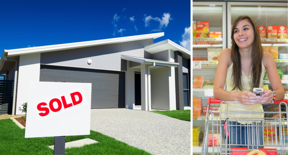 Composite image of 'Sold' sign in front of a house, and a woman smiling in a supermarket to represent inflation falling