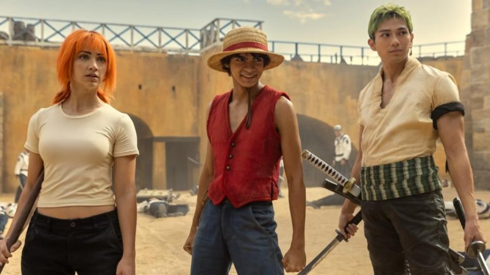 Nami (Emily Rudd), Roronoa Zoro (Mackenyu Arata) and Monkey D. Luffy (Iñaki Godoy) in "One Piece"