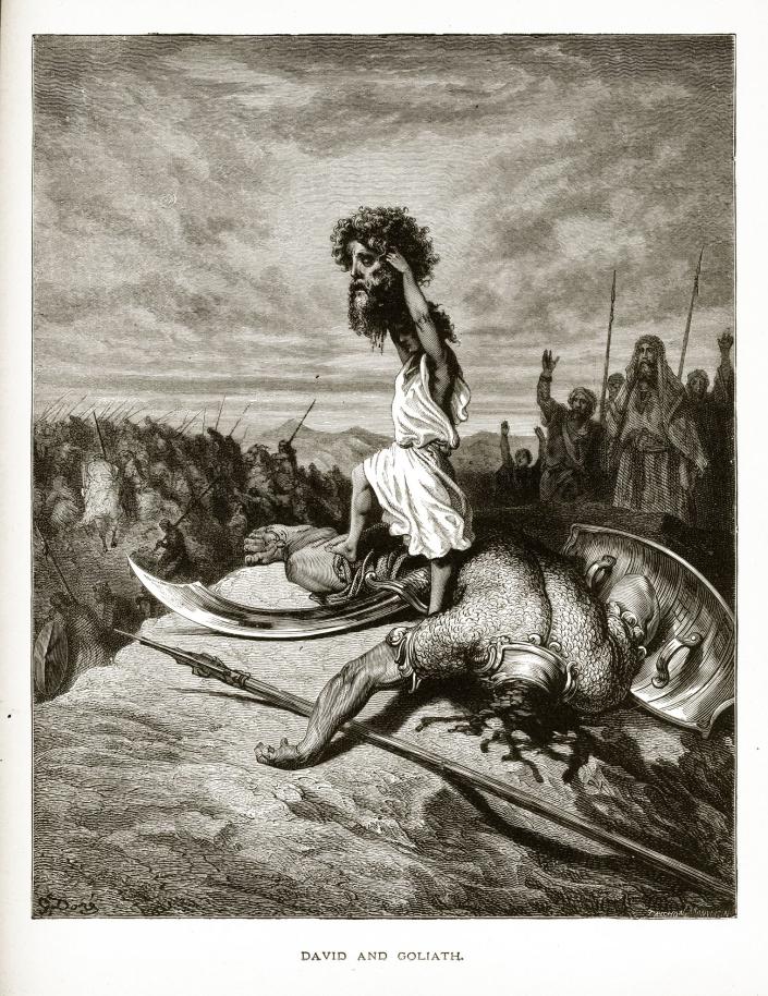 Engraved illustration of David and Goliath, who researchers say wore a size 16 New Era fitted hat.