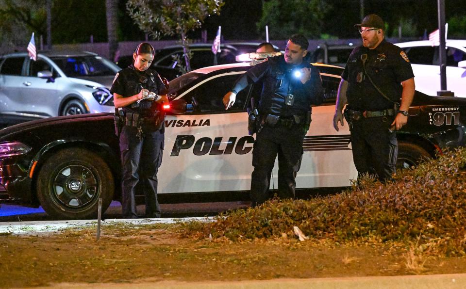 Visalia Police investigate a fatal motorcycle collision Thursday, August 17, 2023 just FTER 11 p.m. on Ben Maddox Way between Tulare and Noble avenues. A 43-year-old male was going south when the motorcycle left the roadway and collided with at two trees in the median before he was ejected. Officers, first on scene, and then paramedics attempted life-saving measures but the man died at the scene.