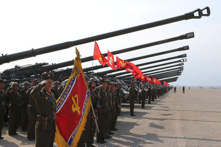 A military drill marking the 85th anniversary of the establishment of the Korean People's Army (KPA) is seen in this handout photo by North Korea's Korean Central News Agency (KCNA) made available on April 26, 2017. KCNA/Handout via REUTERS